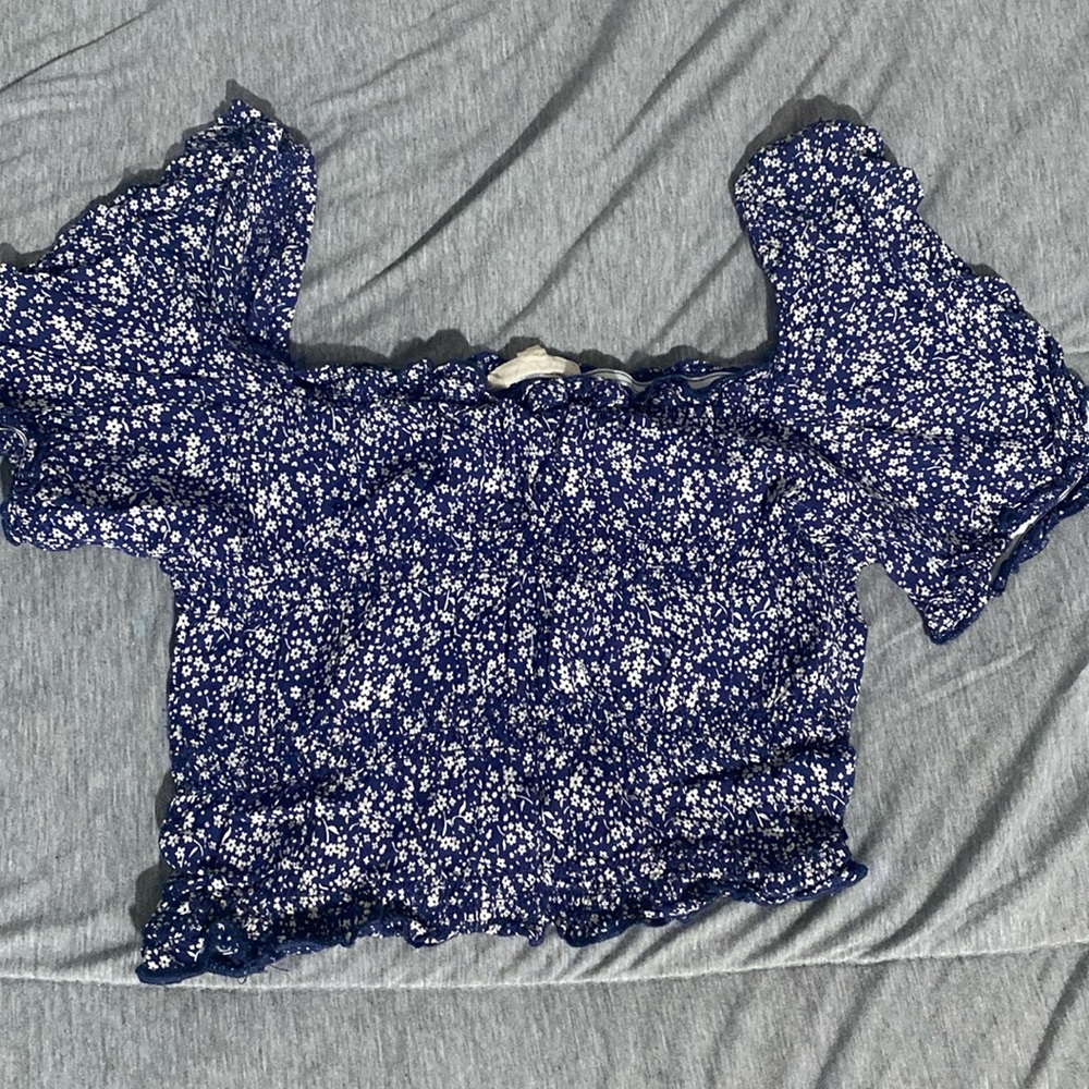 blue floral square neckline crop top